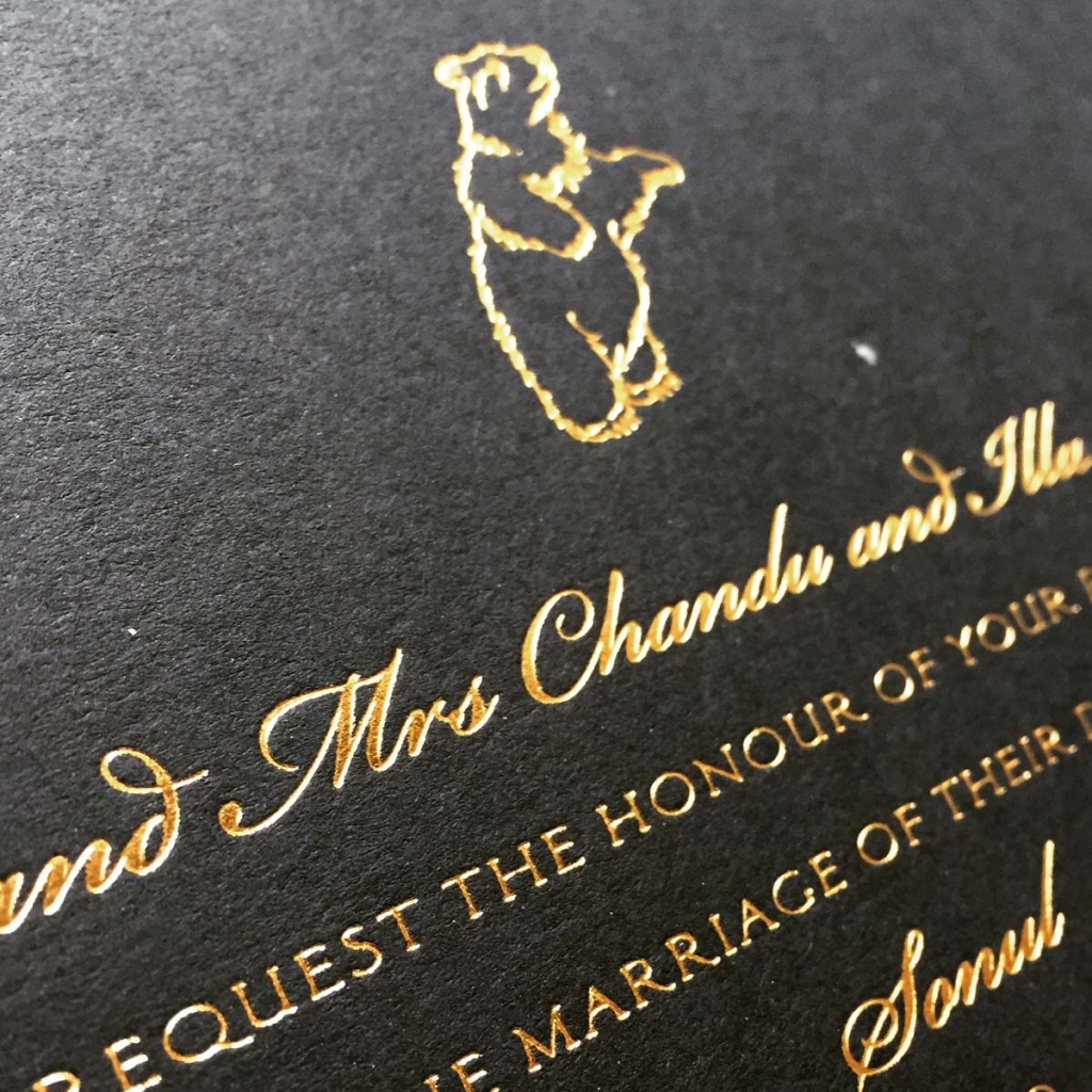 gold bear motif wedding invitation