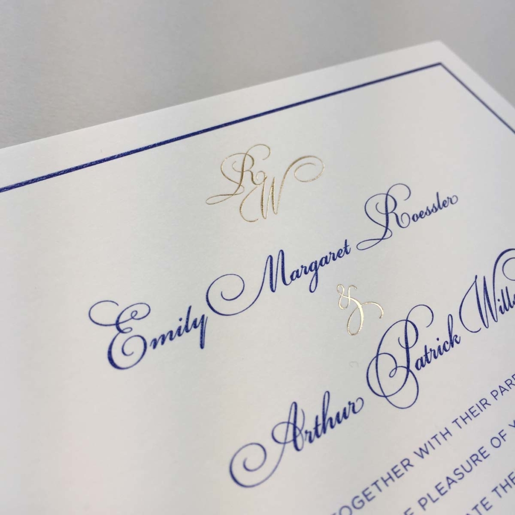 Gold foil and blue wedding invitation