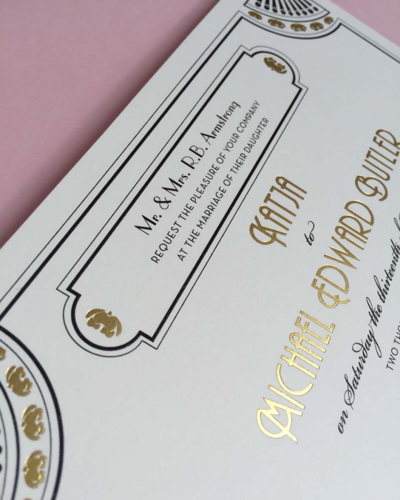 art deco gold wedding invitation