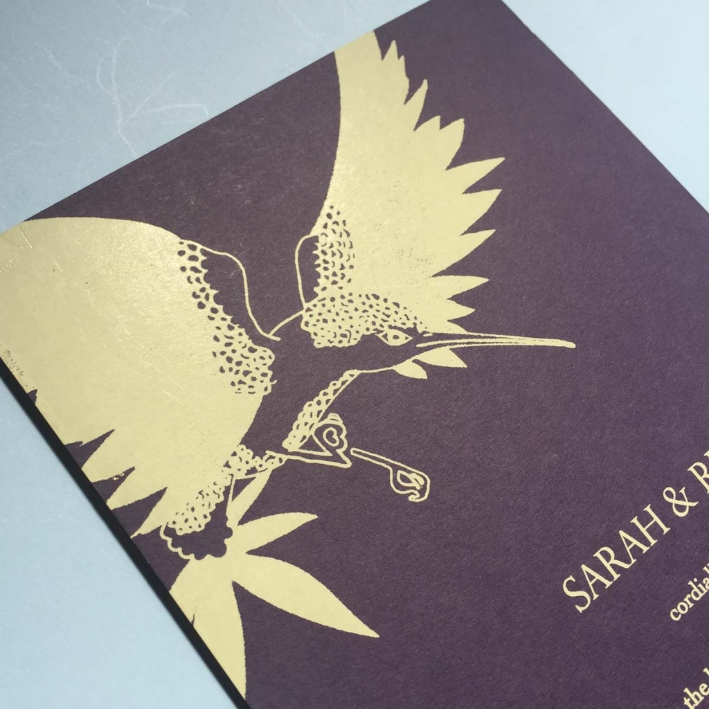 stunning gold foil bird wedding invitation