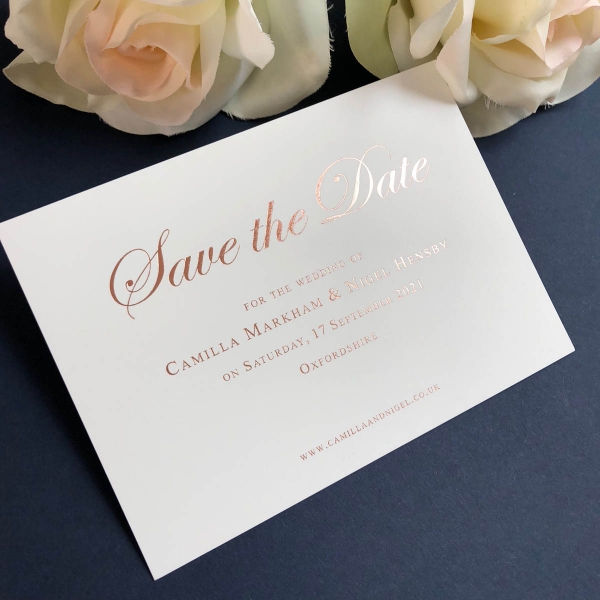 Camilla Rose Gold Save the Date card