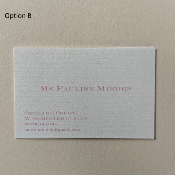 Style 1 option B in pink ink on high white laid card
