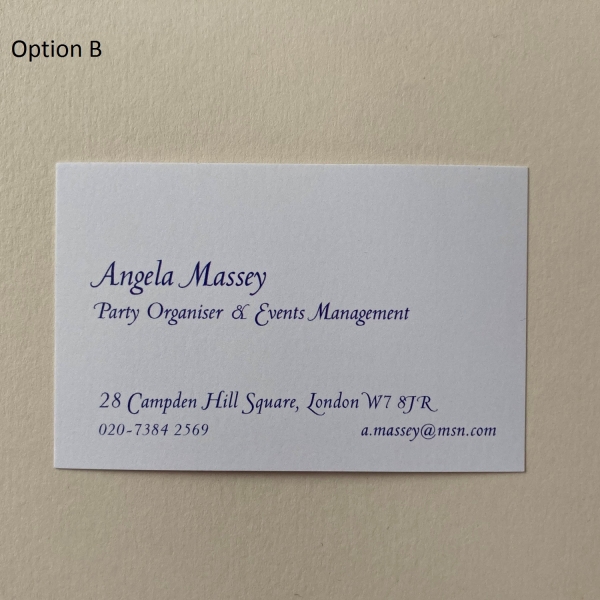 Style 4 option B royal blue ink on white card
