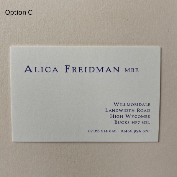Style 4 option C in deep blue ink on ivory card
