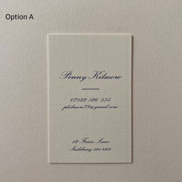 Style 5 option A in deep blue ink on cream laid card